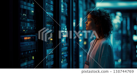 Focused woman engineer examining network server room bathed in blue light showing serious expression during equipment maintenance 138744769
