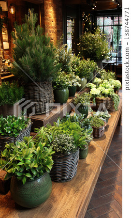 Winter display table high end cafe featuring lush green potted plants arranged beautifully creating calm and inviting atmosphere 138744771
