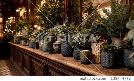 Winter display table featuring elegant wood, green plant, warm candle, offering cozy, calm, and festive holiday ambiance 138744772
