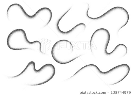 Dotted grainy pattern of wavy lines on white background. Abstract brush strokes and spray effect vector shapes. Stipple black dusty fluid splashes. Liquid dissolved curved blobs Dotted grainy pattern of wavy lines on white background. Abstract brush strokes and spray effect vector shapes. Stipple black dusty fluid splashes. Liquid dissolved curved blobs 138744979