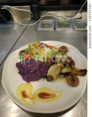 Plate of Chicken, Salad, and Purple Mash Plate of Chicken, Salad, and Purple Mash 138745184
