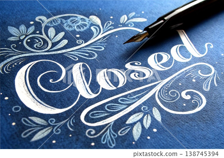 Ornate lettering Closed and pen on blue background 138745394