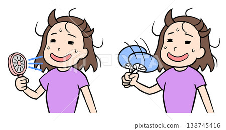 A set of illustrations depicting two women cooling themselves with a handheld fan and a traditional Japanese fan. A set of illustrations depicting two women cooling themselves with a handheld fan and a traditional Japanese fan. 138745416