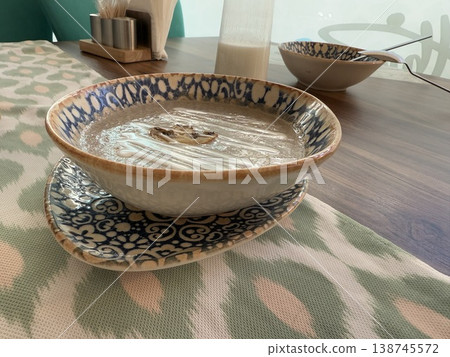 Bowl with decorative patterns filled with latte on cafe table offers rustic dining background Bowl with decorative patterns filled with latte on cafe table offers rustic dining background 138745572