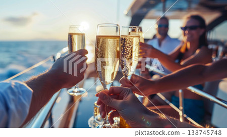 Group of friends relaxing on luxury yacht and drinking champagne. 138745748