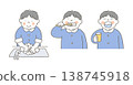 A boy gargles, washes his hands, and brushes his teeth. 138745918