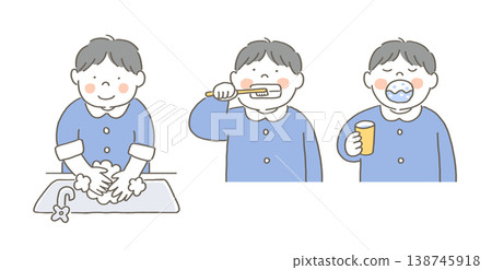 A boy gargles, washes his hands, and brushes his teeth. 138745918