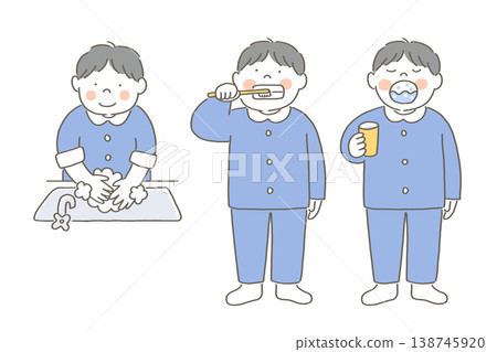 A boy gargles, washes his hands, and brushes his teeth. 138745920
