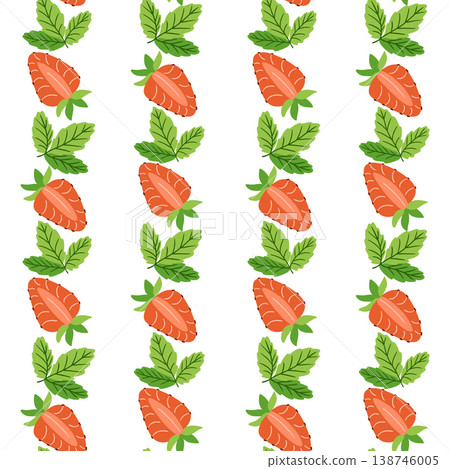 Colorful illustration of a repeating pattern featuring orange carrots and green leaves on a clean white background, ideal for various design applications Colorful illustration of a repeating pattern featuring orange carrots and green leaves on a clean white background, ideal for various design applications 138746005