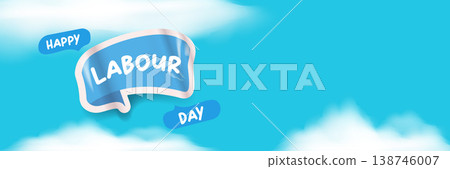 Happy Labour Day lettering on blue sky background. Wide panorama banner with white clouds and elegant script Labor Day typography. Modern header for 1 may international workers day and Mayday Happy Labour Day lettering on blue sky background. Wide panorama banner with white clouds and elegant script Labor Day typography. Modern header for 1 may international workers day and Mayday 138746007