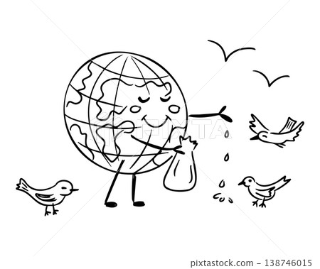 Cartoon illustration of Earth character happily watering plants while surrounded by birds, promoting environmental care and sustainability in a playful manner 138746015