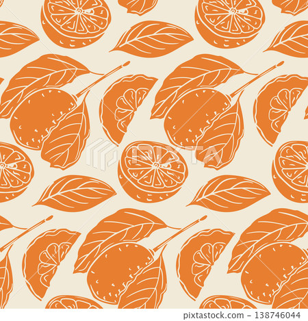 Seamless pattern showcasing orange citrus fruits with green leaves on a light beige background, including whole oranges and sliced segments arranged harmoniously Seamless pattern showcasing orange citrus fruits with green leaves on a light beige background, including whole oranges and sliced segments arranged harmoniously 138746044