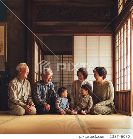 一家三代人在傳統的日式房屋裡放鬆休息，臉上洋溢著笑容。 138746080
