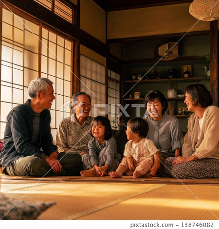 一家三代人在傳統的日式房屋裡放鬆休息，臉上洋溢著笑容。 138746082