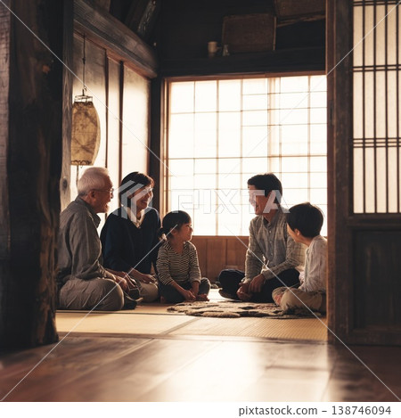 一家三代人在傳統的日式房屋裡放鬆休息，臉上洋溢著笑容。 138746094