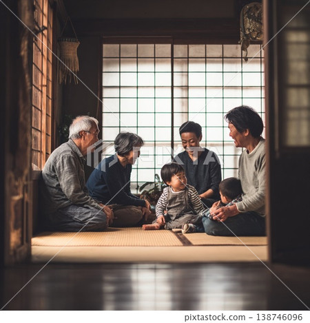 Smiling faces of a three-generation family relaxing in a traditional Japanese house. 138746096