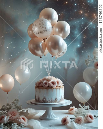 氣球、整個蛋糕、裝飾著玫瑰花的照相亭，在星空背景下漂浮。 138746202