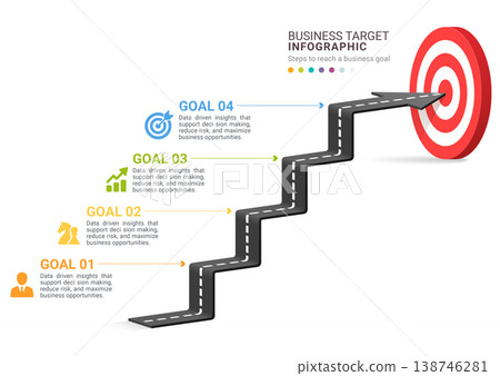 Business Goal Roadmap Infographic with Target and Step by Step Growth Path diagram template Background Business Goal Roadmap Infographic with Target and Step by Step Growth Path diagram template Background 138746281