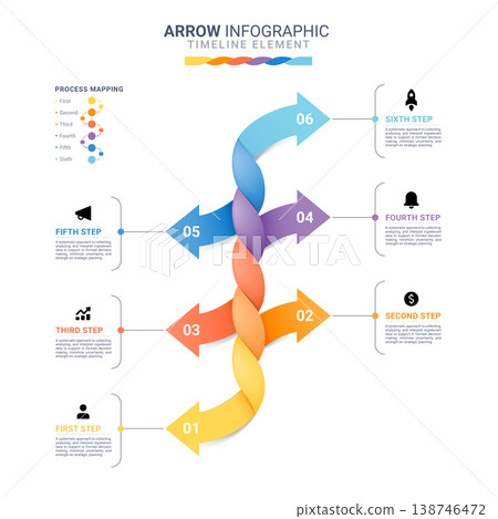 6 Step Arrow Timeline Infographic with Twisted Flow Design and Process Mapping 138746472