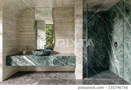 bathroom close up shot of a wash basin and shower 138746798