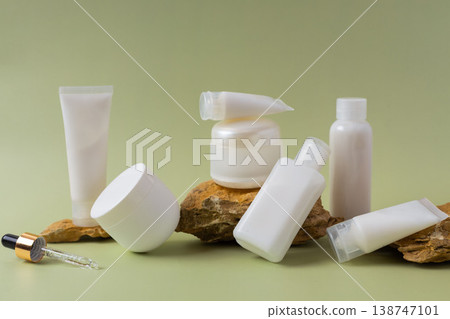 Flat lay of minimal skincare cosmetic bottles, tubes and cream jar on natural stones with soft green background 138747101