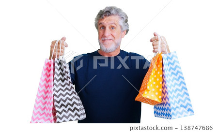 Mature man holding multicolored shopping bags transparent background 138747686