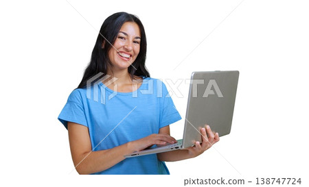 Cheerful young woman using laptop on transparent background 138747724