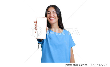 Smiling woman holding smartphone with blank screen 138747725