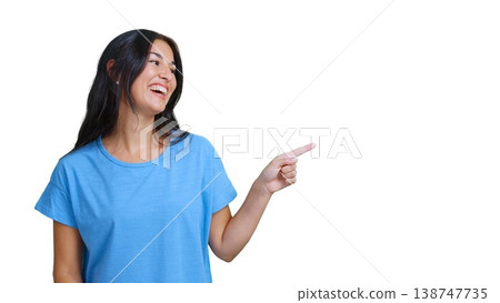 Happy woman pointing finger showing something transparent background 138747735