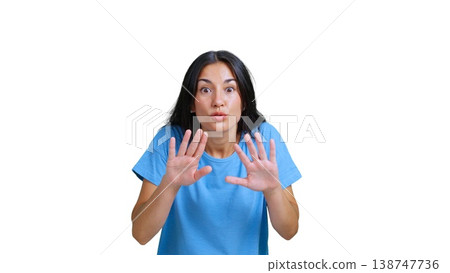 Woman making stop gesture expressing silence or refusal 138747736