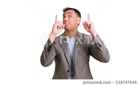 Man pointing up with index fingers suggesting looking up 138747848