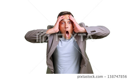 Businessman reacting with shock and disbelief on transparent background Businessman reacting with shock and disbelief on transparent background 138747856