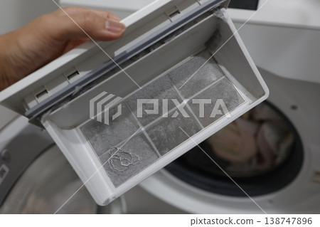 Cleaning the dryer filter of a drum-type washing machine - removing dust and debris buildup Cleaning the dryer filter of a drum-type washing machine - removing dust and debris buildup 138747896