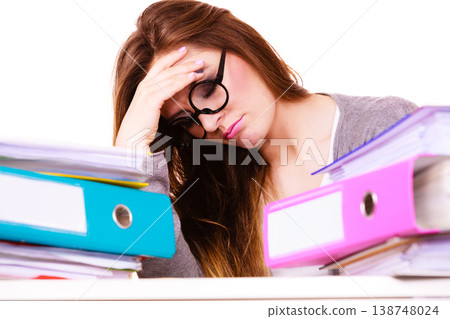 woman tired with stack of folders documents woman tired with stack of folders documents 138748024