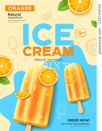 Ice cream orange fruit, summer sale, cool sweet fresh, flyer poster design on blue and cream background Ice cream orange fruit, summer sale, cool sweet fresh, flyer poster design on blue and cream background 138748050