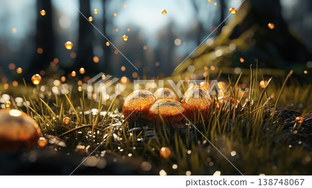 Golden Easter eggs rest in a field, illuminated by the dawn early light 138748067