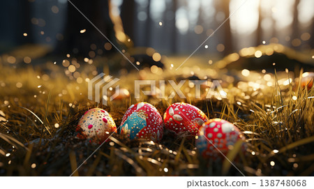 Festive Easter eggs among sparkling dewdrops in a golden sunrise 138748068