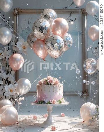 生日照相亭，配有淺粉紅色氣球、相框背景、鮮花和蛋糕架。 138748070