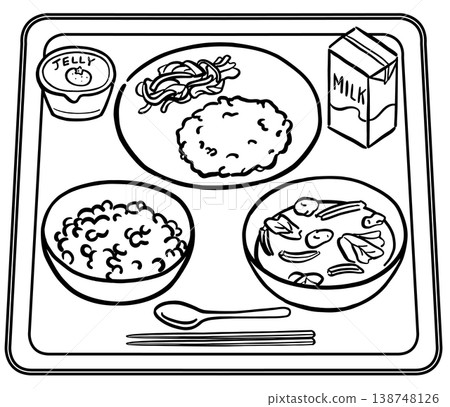 School lunch menu: milk in a paper carton and white rice (line drawing) School lunch menu: milk in a paper carton and white rice (line drawing) 138748126