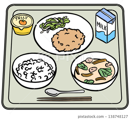 學校午餐菜單，包括紙盒裝牛奶和白米飯（插圖） 138748127
