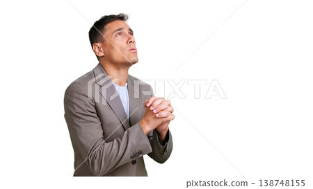 Man praying with concern, hoping for better future, transparent background 138748155