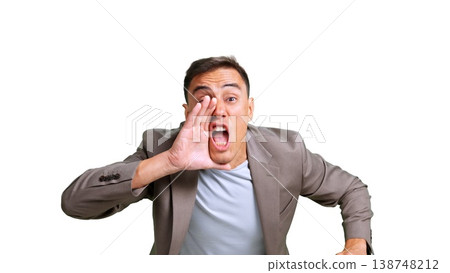 Man shouting announcement, calling for attention, transparent background 138748212