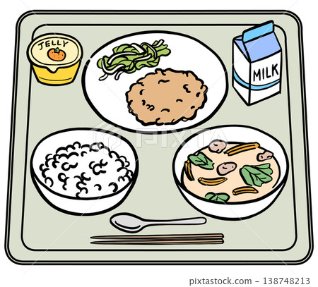 A school lunch menu featuring milk in a paper carton and white rice (illustration) A school lunch menu featuring milk in a paper carton and white rice (illustration) 138748213
