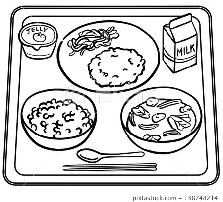 學校午餐菜單:紙盒裝牛奶和白飯(線描圖) 學校午餐菜單:紙盒裝牛奶和白飯(線描圖) 138748214