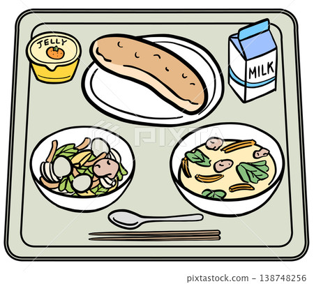 A school lunch menu featuring milk in a paper carton and bread (illustration) A school lunch menu featuring milk in a paper carton and bread (illustration) 138748256