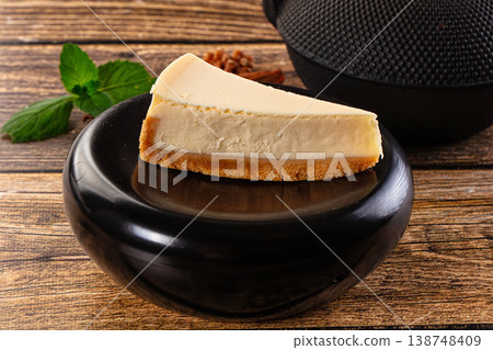 Classic delicous cheesecake slice served mint Classic delicous cheesecake slice served mint 138748409