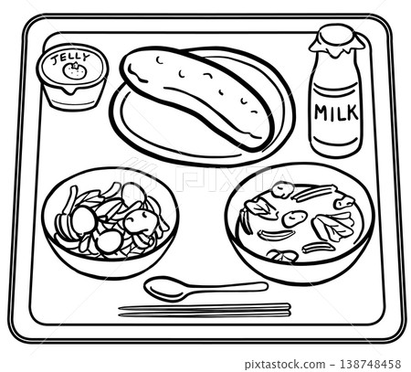 School lunch menu: bottled milk and bread (line drawing) School lunch menu: bottled milk and bread (line drawing) 138748458