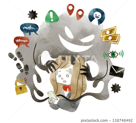 Female student gets caught up in smartphone trouble - watercolor 138748492