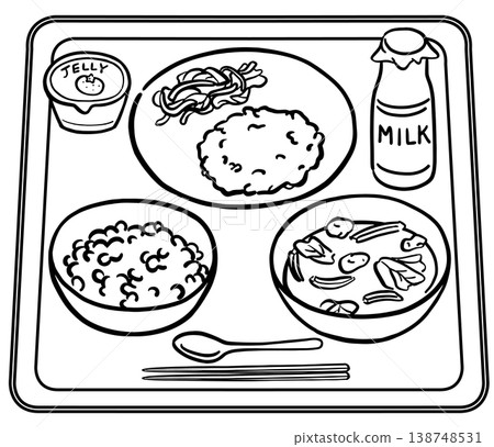 學校午餐菜單：瓶裝牛奶和白飯（線描圖） 138748531