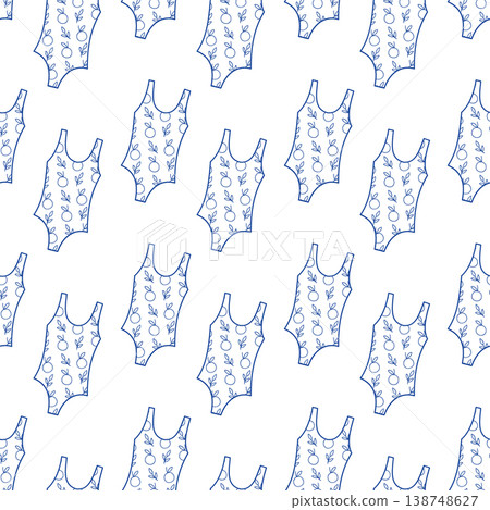 Seamless pattern with blue line art swimsuits on white background for textile apparel and summer nursery wallpaper design 138748627